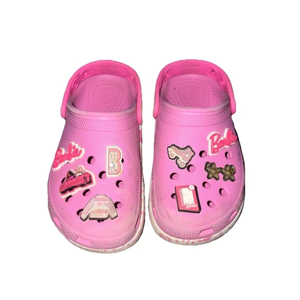 Barbie Crocs Pink Platform Clogs Size 13 Slide on  With Barbie Charms Fun Beach